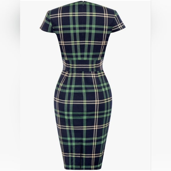 50s Retro Capped Sleeves Plaid Pencil Dress - Picture 2 of 6